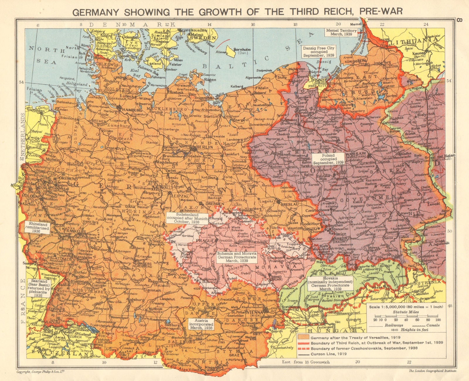 NAZI GERMANY Growth of the Third Reich. Occupied Poland Sudetenland &c 1942 map